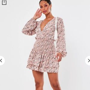 pink floral print shirred waist mini dress